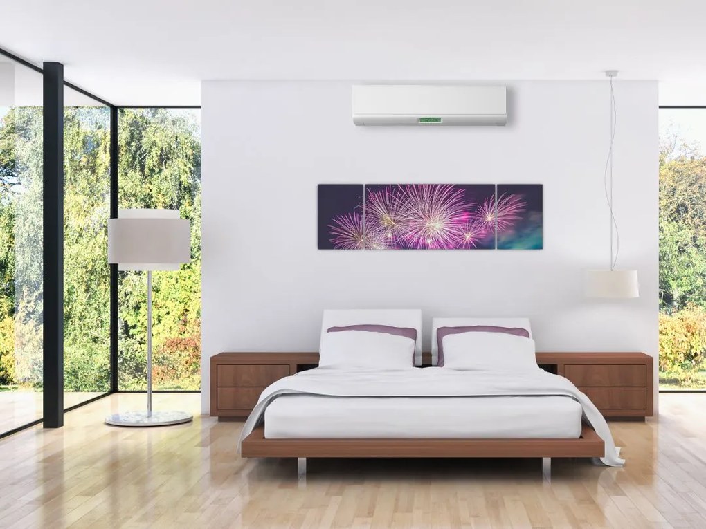 Obraz nocnego miasta z fajerwerkami (170x50 cm)