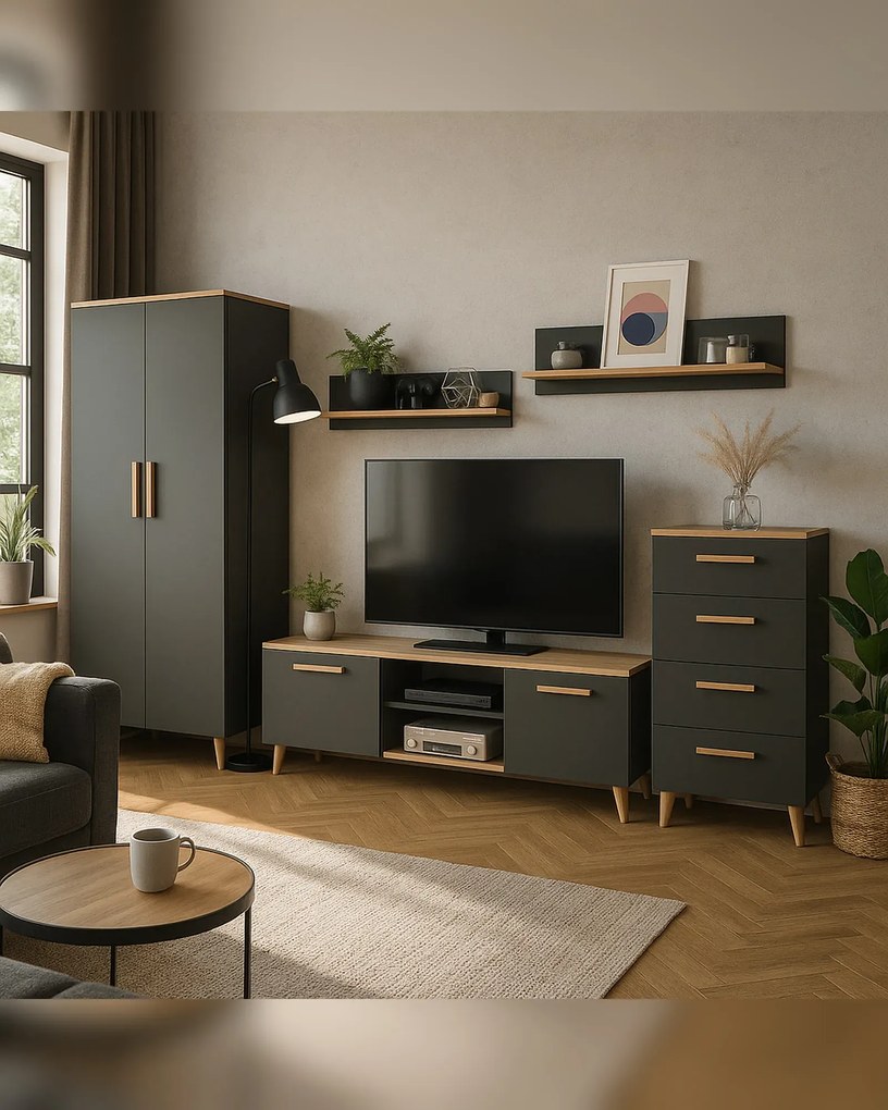 Zestaw mebli do salonu z szafą antracyt + dąb artisan P6-F51