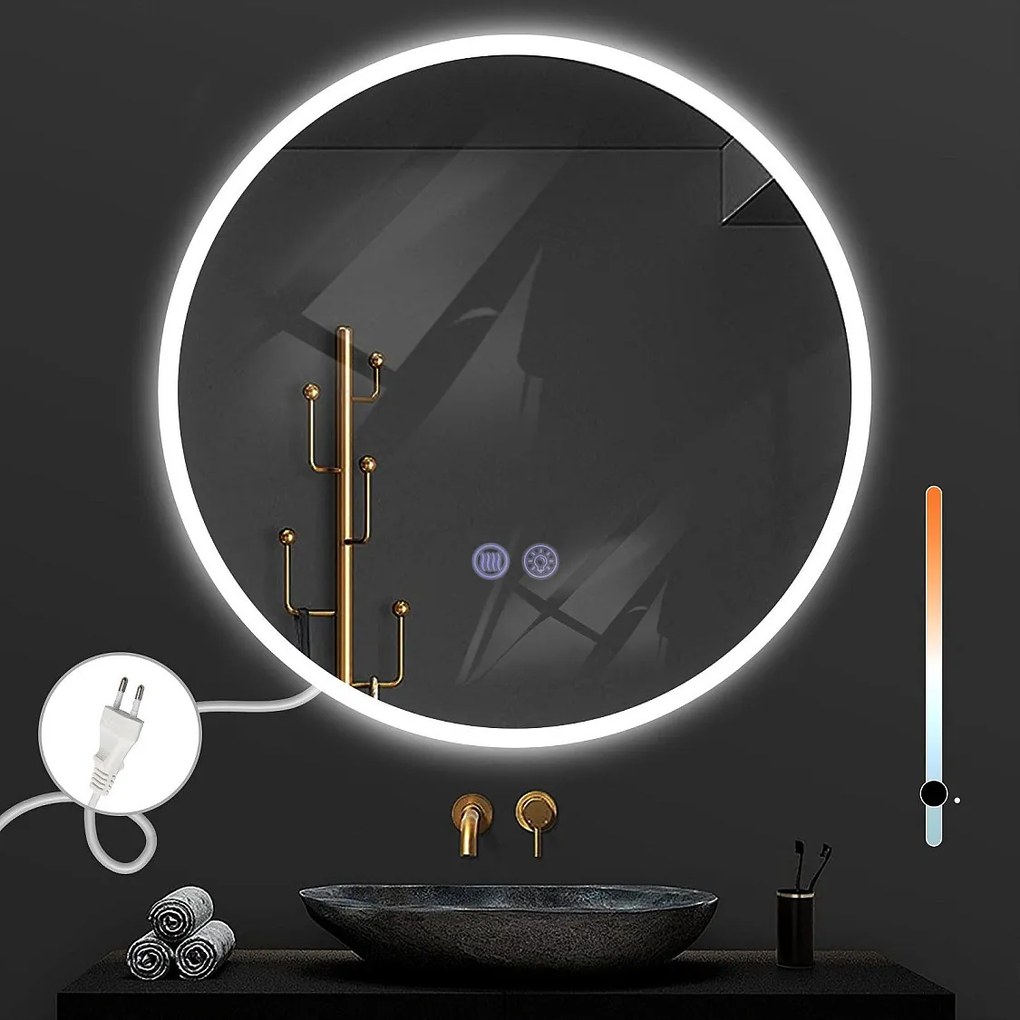 NETTLIFE Lustro z oświetleniem, okrągłe lustro ścienne LED 80 cm IP44 z funkcją dotykową i ściemnialnym światłem