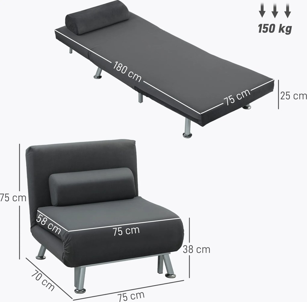 HOMCOM Składany fotel z funkcją łóżka, fotel relaksacyjny w aksamitnym wyglądzie, Regulowane oparcie, 75 x 70 x 75 cm, Ciemnoszary