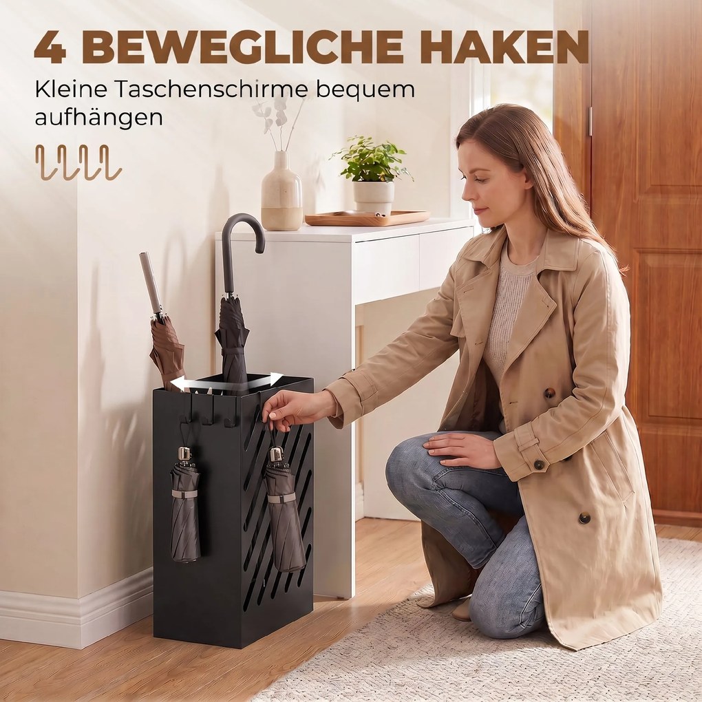 HOMCOM Stojak na parasole z miską ociekową, 4 haczyki, stal, 28D x 14S x 41W cm, Czarny | Aosom PL