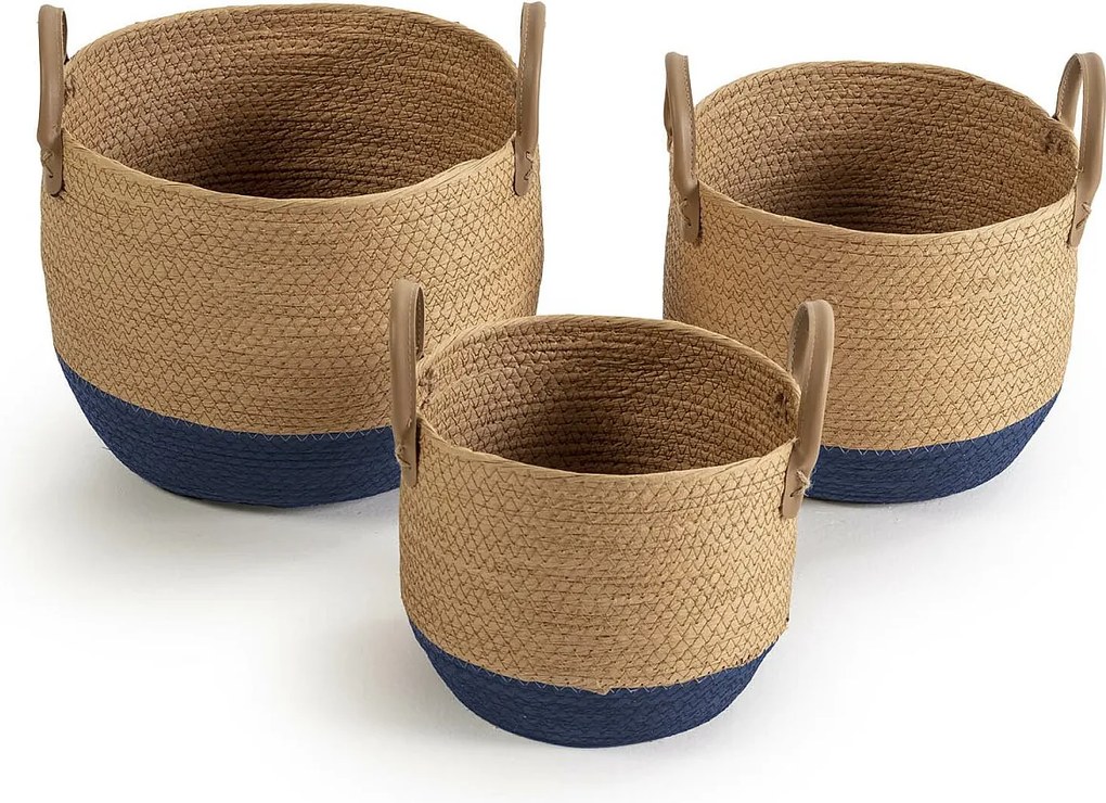 Zestaw trzech koszy Tecla z naturalnego włókna, niebieski/naturalny.