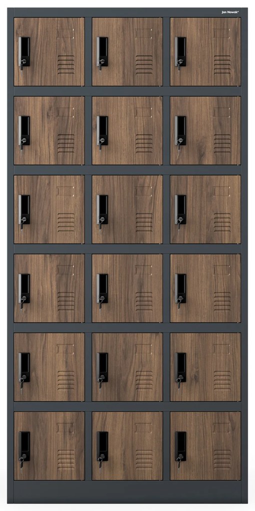 Szafka pracownicza skrytkowa 18-skrytkowa antracytowa/orzech, 900x1850x400 mm: KAROL Eco Design