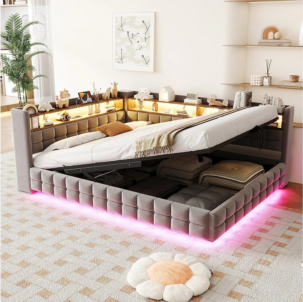 Łóżko z pojemnikiem 140 x 200 cm, otwartymi półkami, oświetleniem LED, gniazdami USB i typu C - Aksamit + MDF - Jasnoszary (Materac nie jest wliczony w cenę)