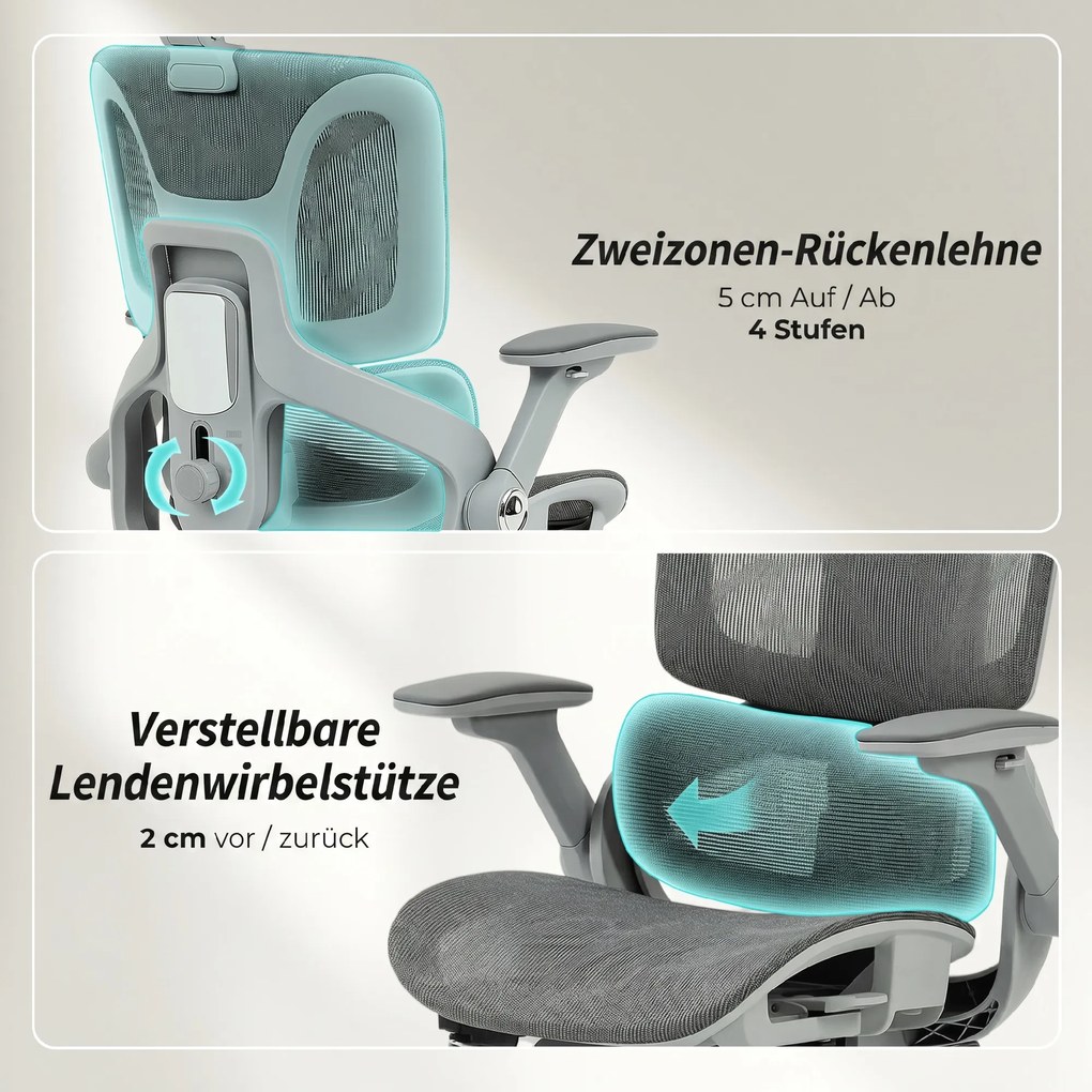 HOMCOM Ergonomiczny fotel biurowy, fotel komputerowy z siatki z oddzielnym oparciem, podparcie lędźwiowe, 4D składane podłokietniki, Szary | Aosom PL
