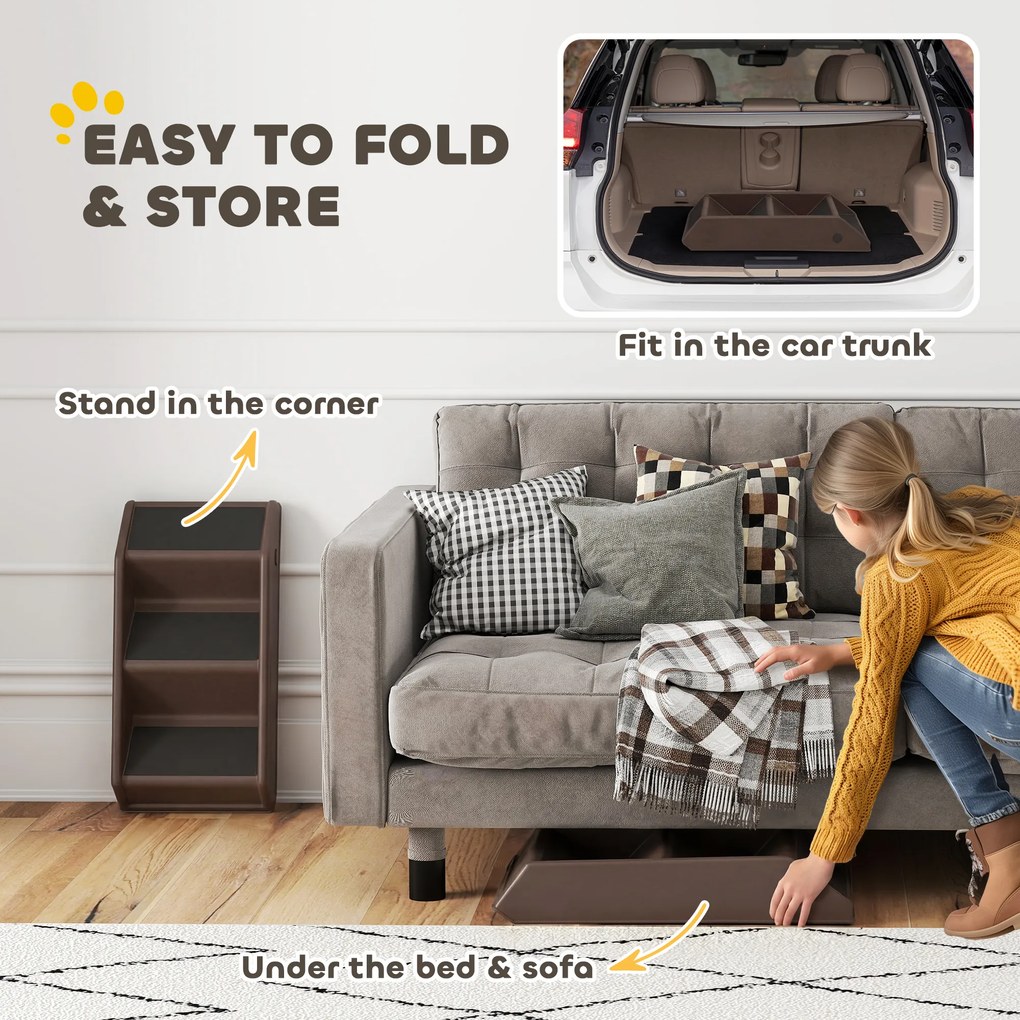 PawHut Schody dla psów 3 stopnie 36,5 cm wysokości składane schody dla małych psów do łóżka, kanapy, sofy, auta, brązowe | Aosom PL