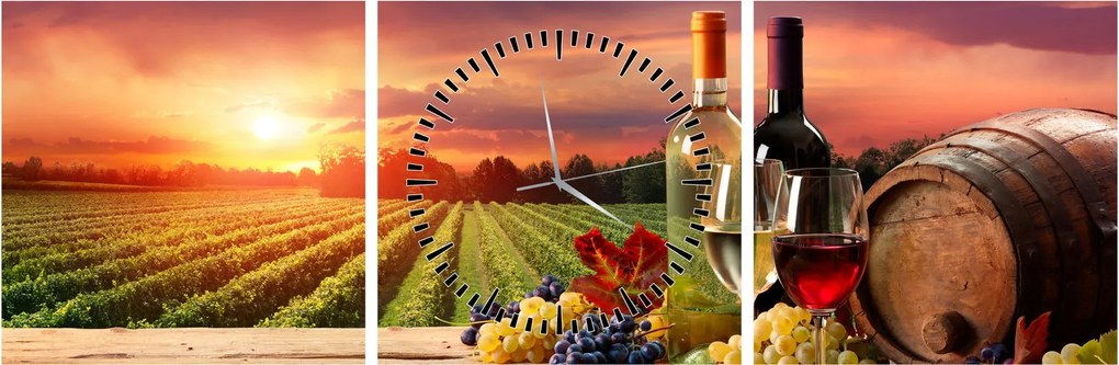 Obraz winnicy z winem (z zegarem) (90x30 cm)