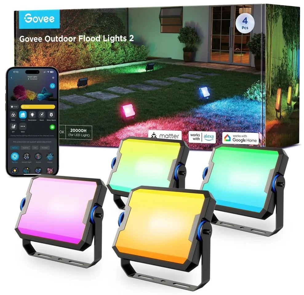 Govee - Zestaw 4x ściemnialnych reflektorów LED RGBICWW, 24 W/230 V, IP66, Matter, Wi‑Fi