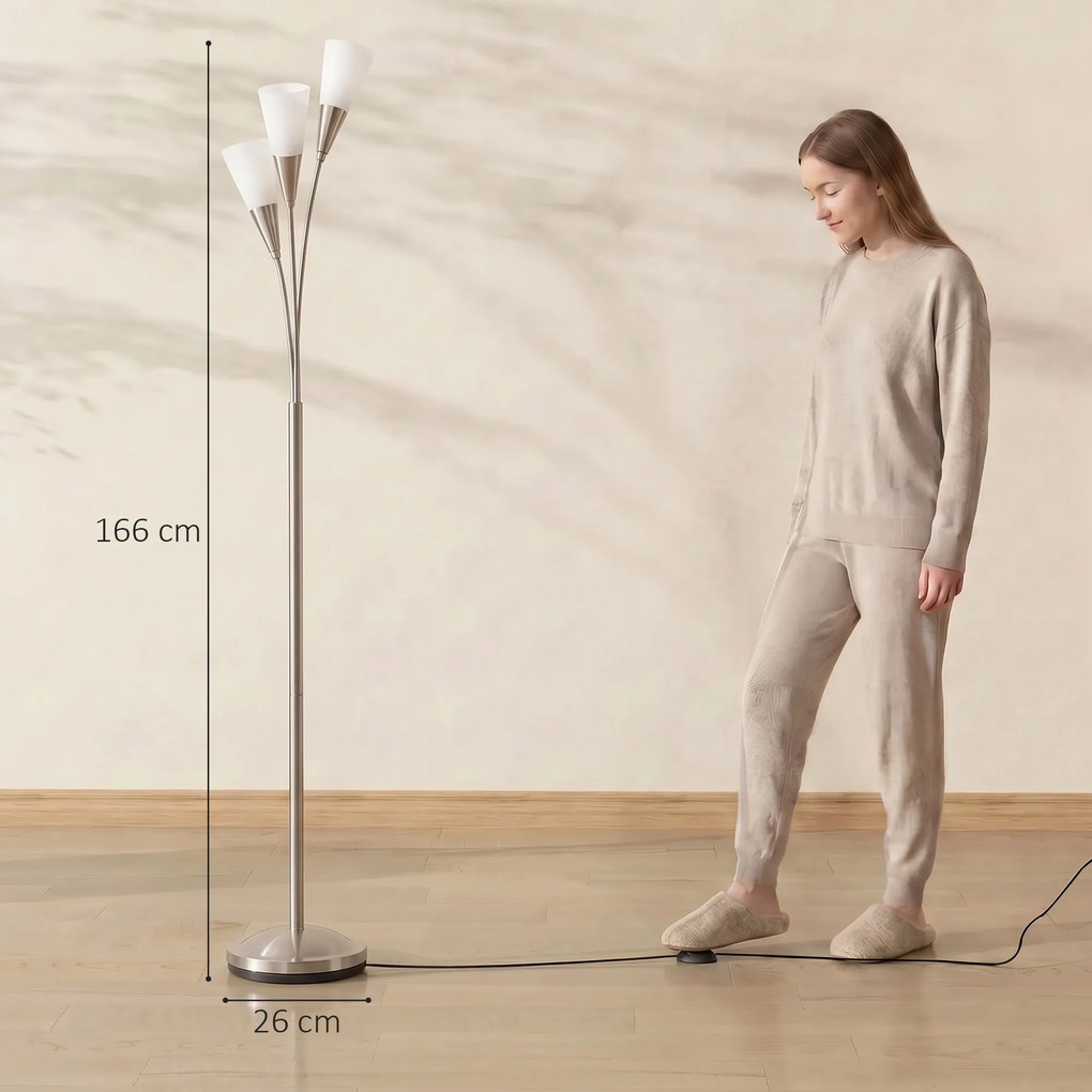 HOMCOM Lampa stojąca do salonu 40 W z włącznikiem nożnym, 3 x oprawka E14 do sypialni, biura, bez żarówek, srebrna | Aosom PL