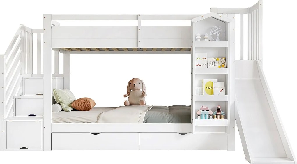 Łóżko piętrowe dla dzieci - 2 x 90 x 200 cm - z półką + 2 szufladami + zjeżdżalnią + drabinką - sosna + płyta MDF - białe