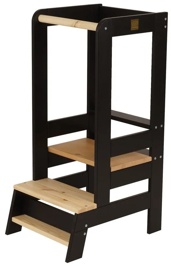 Czarno-naturalny pomocnik kuchenny dla dzieci z litego drewna sosnowego Montessori – Meowbaby