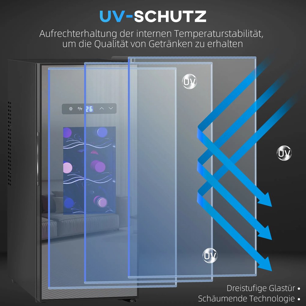HOMCOM Lodówka na Wino dla 12 Buteli, z Drzwiami Szklanymi, Lodówka na Napoje z Oświetleniem LED, Ekran Dotykowy, Czarna