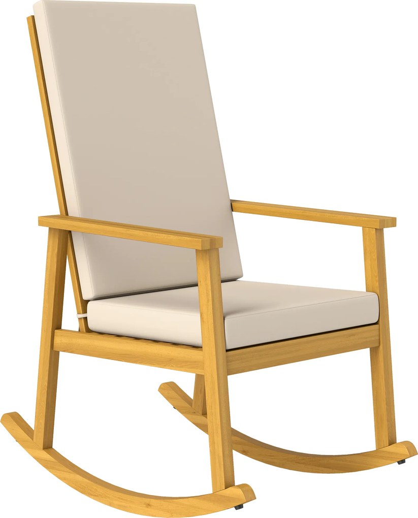 Outsunny Fotel bujany z drewna akacjowego z wysokim oparciem i poduszkami do 160 kg, 60 x 89 x 107 cm, beżowy | Aosom PL