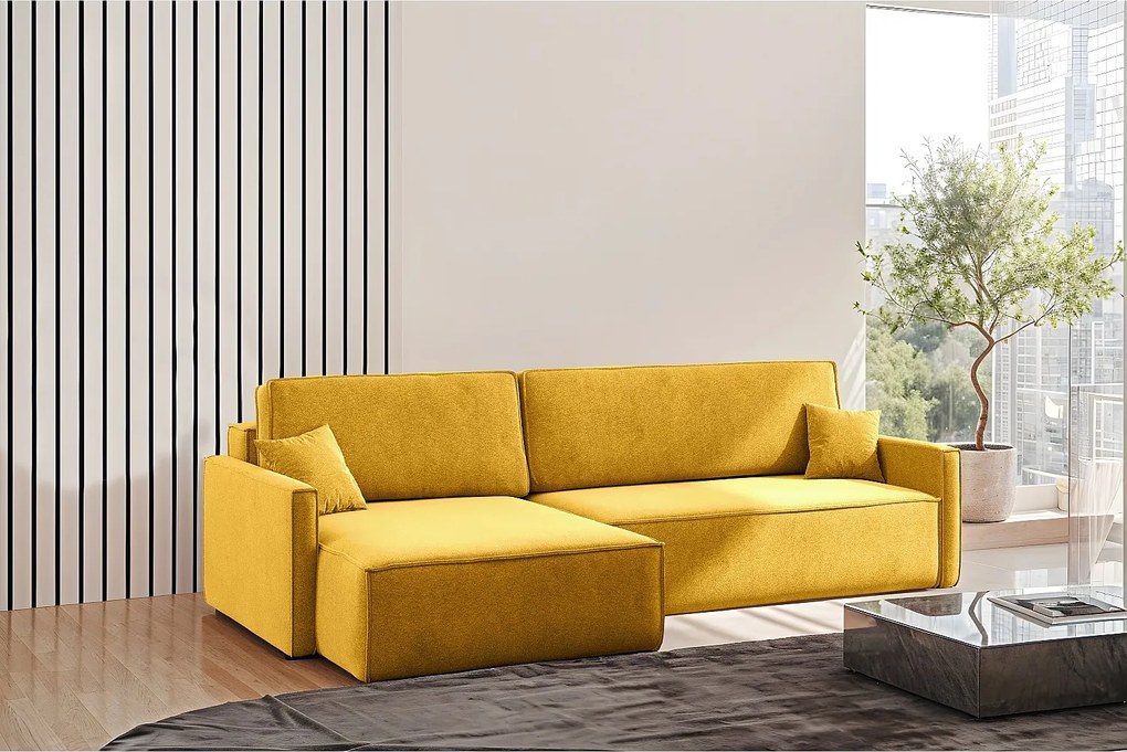 Narożnik z funkcją spania i pojemnikiem w kształcie L Carlos, tkanina Salvador, Żółty, Prawy