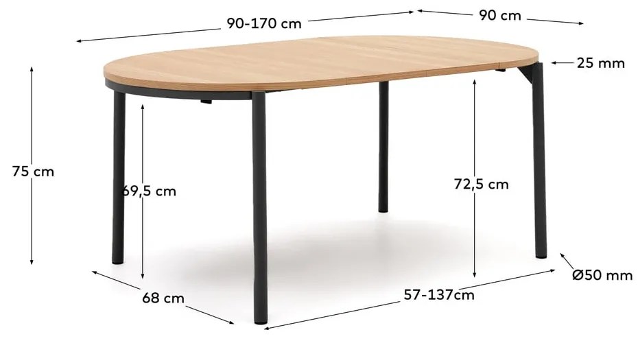 Okrągły rozkładany stół z blatem w dekorze dębu ø 90 cm Montuiri – Kave Home