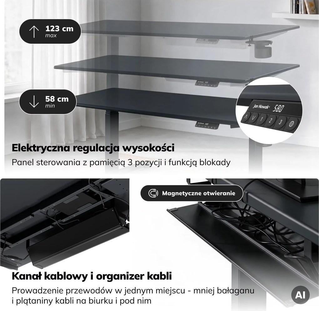Duże biurko sit-stand do pracy Aria 160×80 cm, antracyt