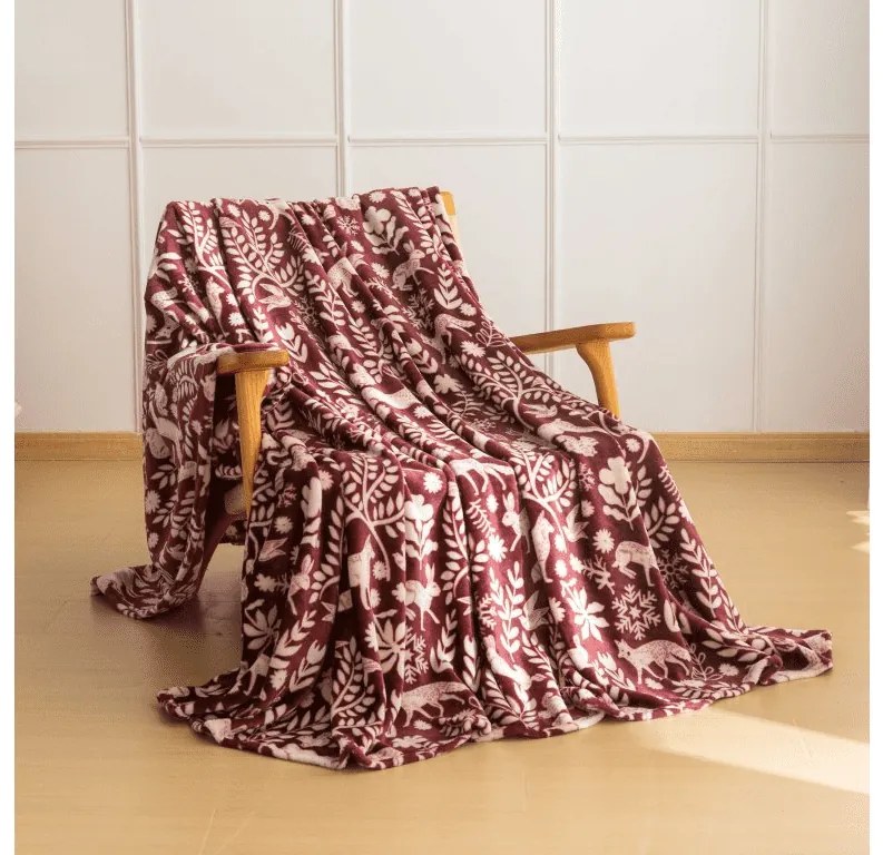 Mikropluszowy koc FOREST ANIMALS, bordowy Rozmiar: 200 x 220 cm