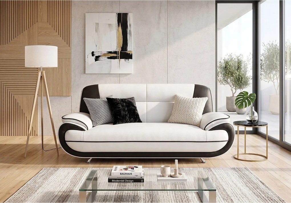 Sofa PALERMO 3-osobowa – elegancka sofa do salonu w ekoskórze SOFT biało- czarnej