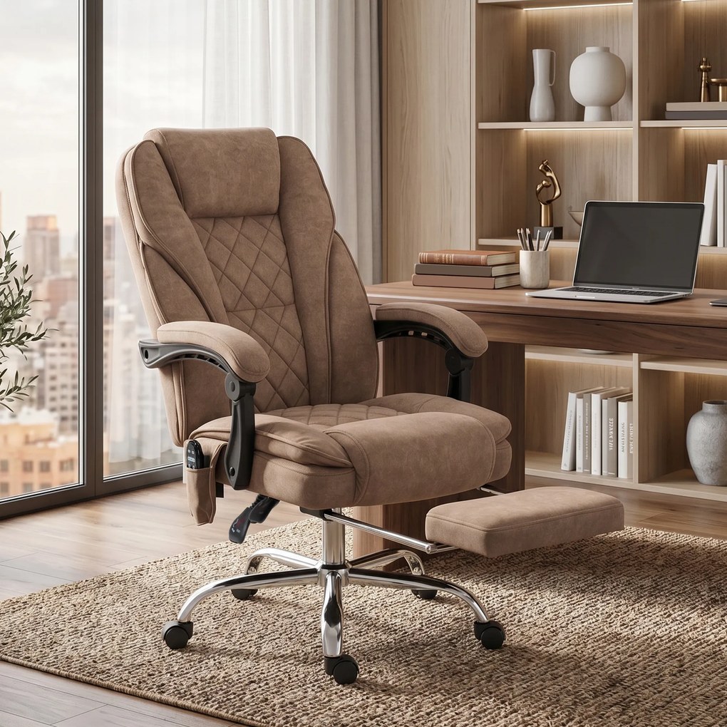 Vinsetto Ergonomiczny fotel biurowy z funkcją masażu, podnóżek, obrotowy, na kółkach, Brązowy | Aosom PL