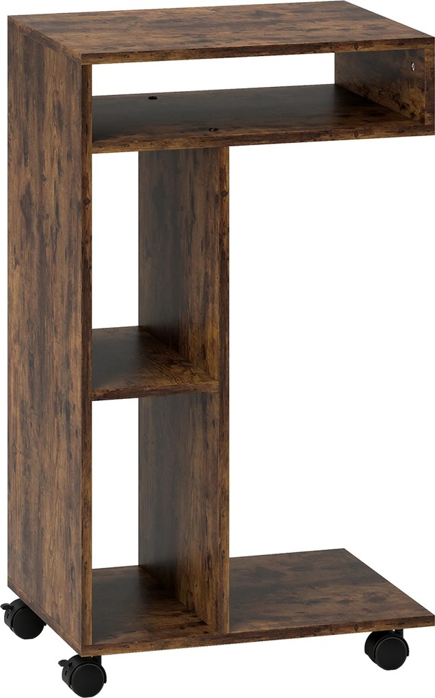 HOMCOM Stolik boczny, wózek serwisowy w kształcie C, 4 kółka, 3 przegródki, 40 x 30 x 69 cm, Rustykalny-brąz