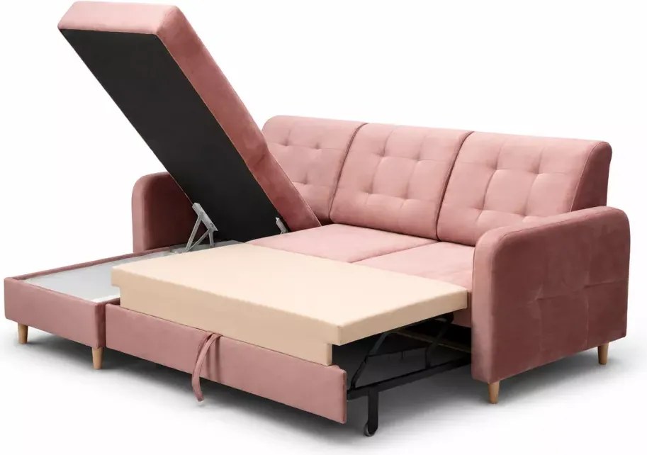 Stylowy tapicerowany narożnik Pink z funkcją spania i pojemnikiem na pościel