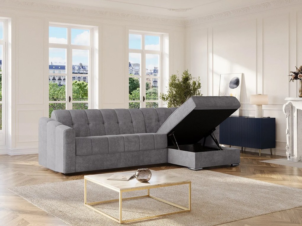 Kanapa narożna rozkładana z szarej teksturowanej tkaniny - Powierzchnia spania na szerokich listwach 140 cm - Materac 22 cm z pamięcią kształtu - DARIELO