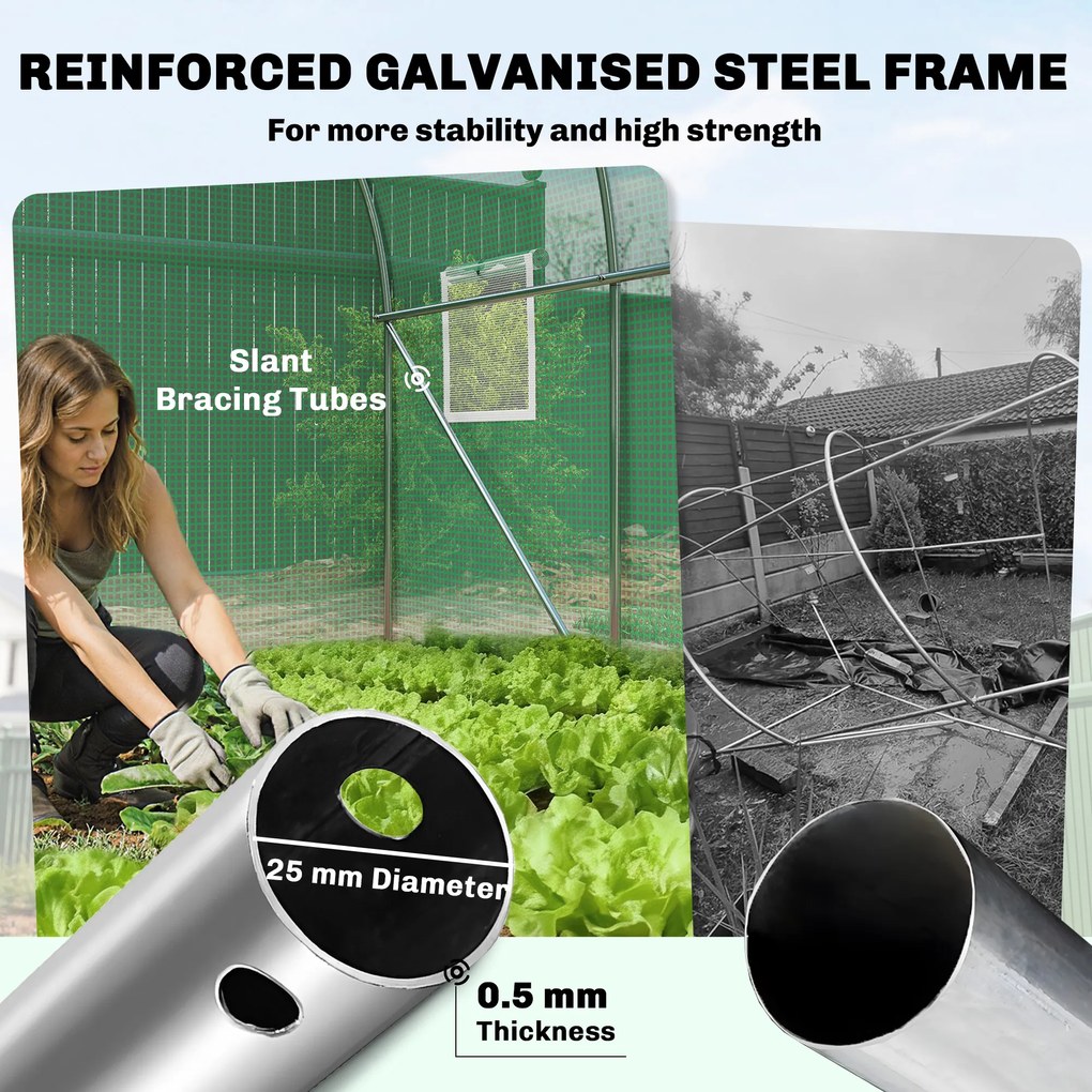 Outsunny Szklarnia 3 x 2 x 2 m tunel foliowy z zamykanymi drzwiami na zawiasach, 6 zwijanych okien z siatką, wspornikami | Aosom PL