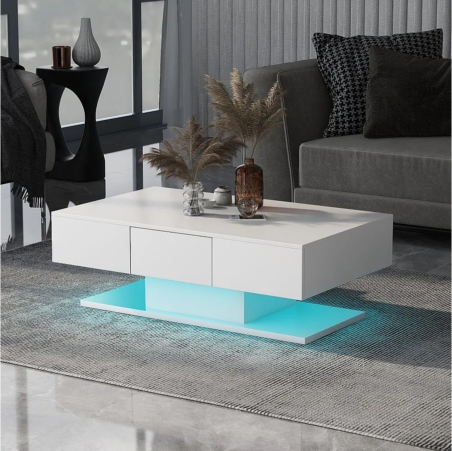Stolik kawowy z 2 szufladami i oświetleniem LED - Biały stolik kawowy - do salonu Pokój