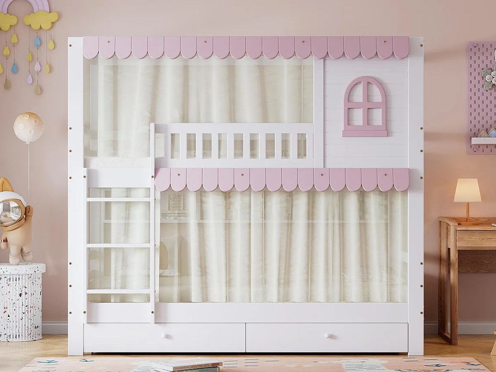 Łóżko piętrowe drewniane - 90x200 cm - z 2 szufladami i półkami - Białe i Różowe (z zasłonami)