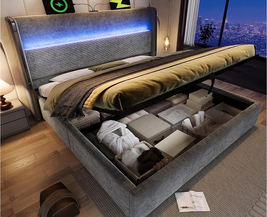 Łóżko z boxem pikowane 160x200 cm - z oświetleniem LED - z portami USB i Type-C - tkanina lniana - Szary (bez materaca)