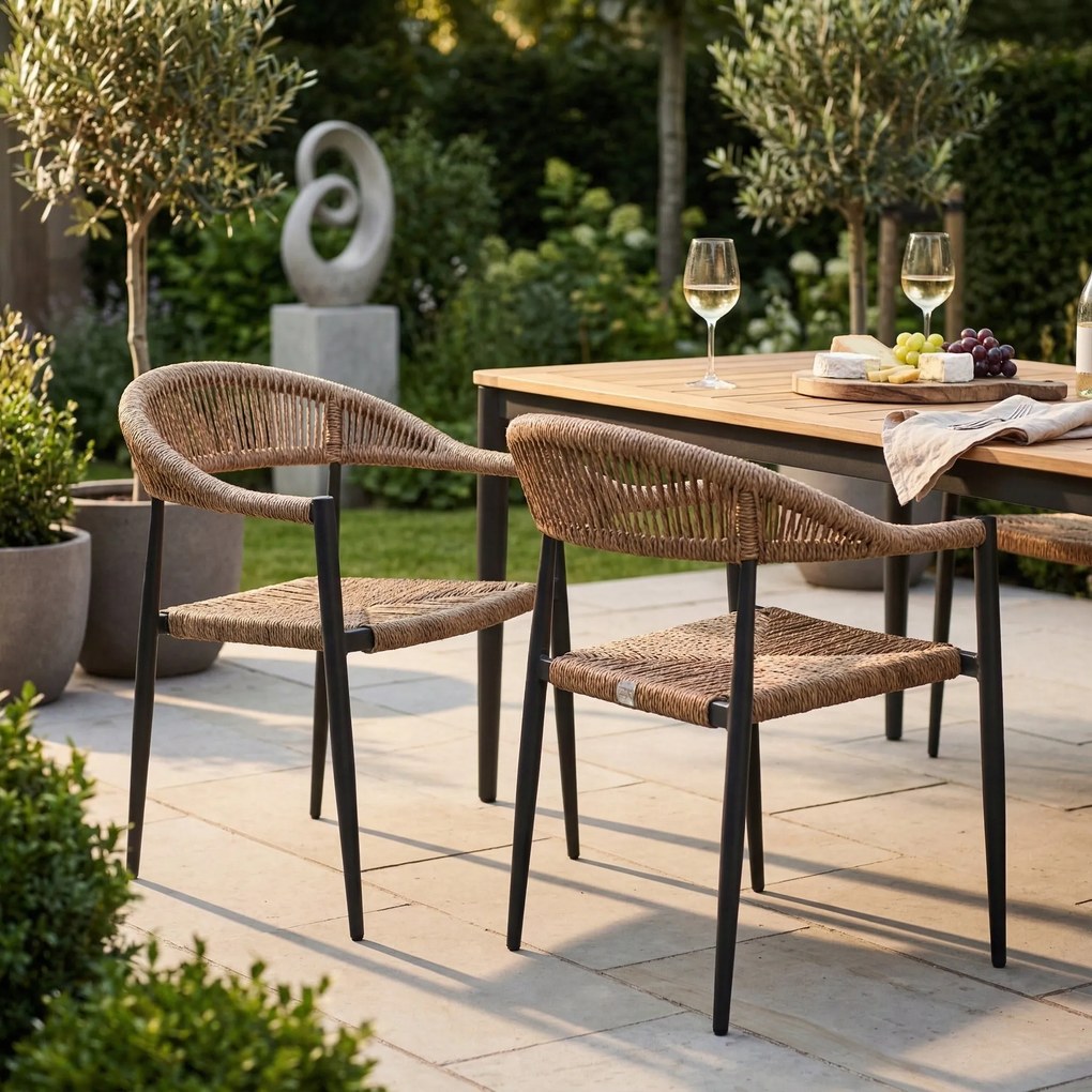 Krzesło Ogrodowe Czarne 56x60x78 cm Plecione Brązowe Sznurki Nowoczesne