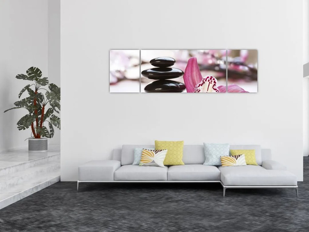 Obraz kamieni do masażu i storczyków (170x50 cm)