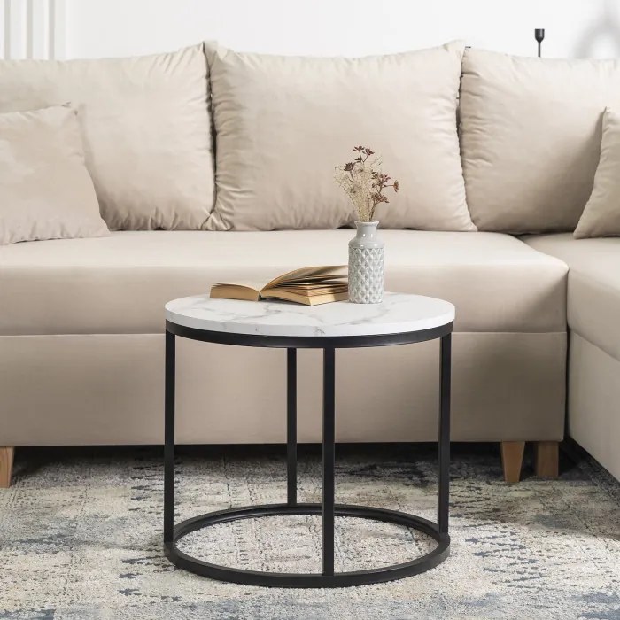 Stolik Kawowy CONNY 53 cm Biały Marmur/Czarny Nowoczesny Glamour