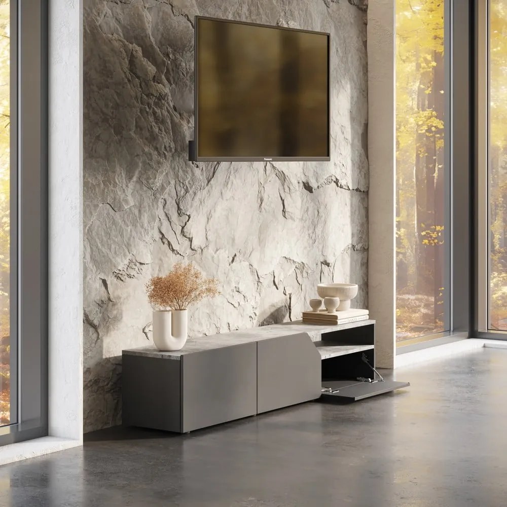 Czarna szafka pod TV w dekorze betonu 180x38 cm Verone – TemaHome
