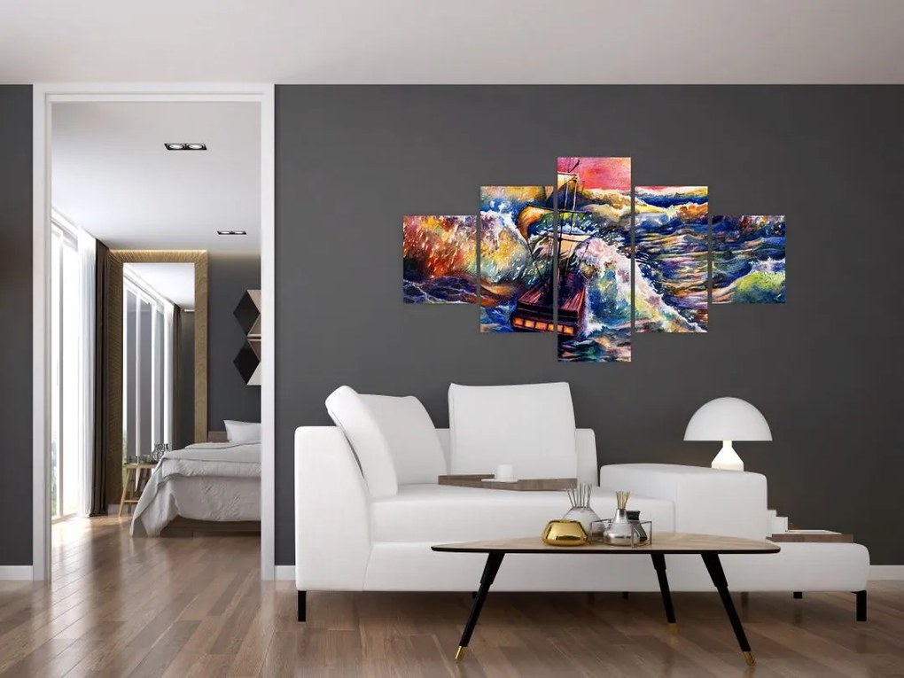 Obraz - Statek na falach oceanu, akwarela (125x70 cm)