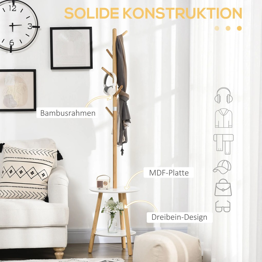 HOMCOM Wieszak na ubrania z 5 hakami i stolikiem pomocniczym Drewno naturalne Stylowy i funkcjonalny | Aosom PL