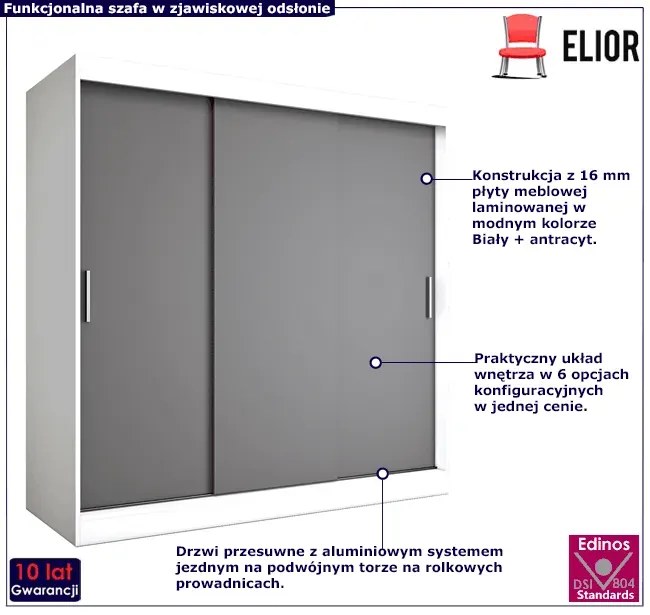 Szafa przesuwna 200 cm biały+ antracyt - Erco 6X