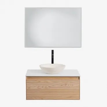 Zestaw Wiszących Mebli Łazienkowych Z Drewna Jesionowego Tedrik Popielaty Brąz & Cement Okrągły Biały - Sklum