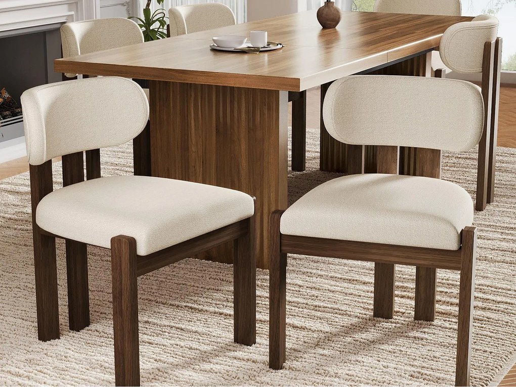 Zestaw 6 krzeseł z litego drewna - Styl nowoczesny - Wygodne oparcie - Konstrukcja z litego drewna - Tkanina bouclé - Brązowy