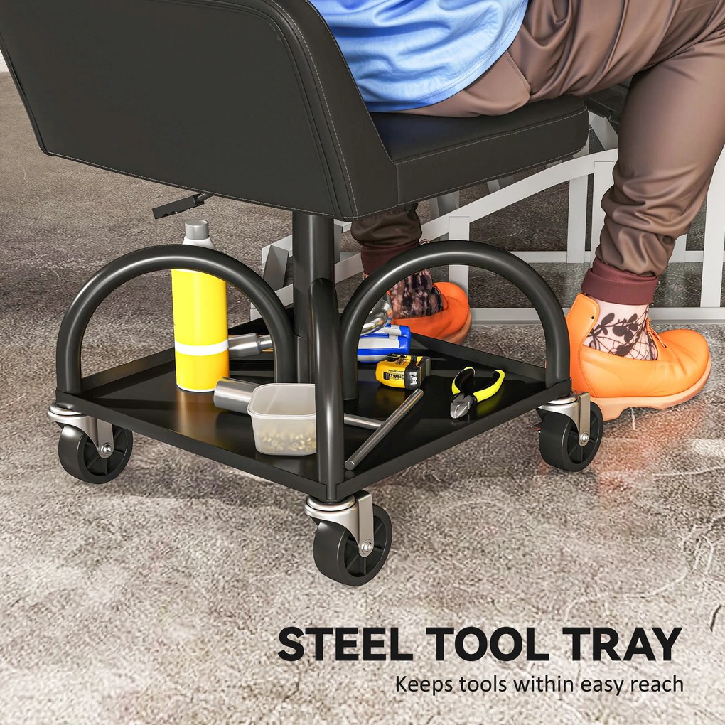 HOMCOM Obrotowy Taboret Warsztatowy z Miejscem na Narzędzia, Wysokość 58,5 cm, Udźwignie do 135 kg - Czarny