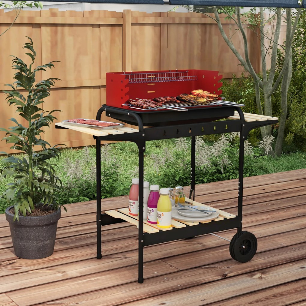 Outsunny Grill węglowy z metalu BBQ Smoker na kółkach, ruszt regulowany na wysokość, drewniana półka 103x47x95 cm Czerwony