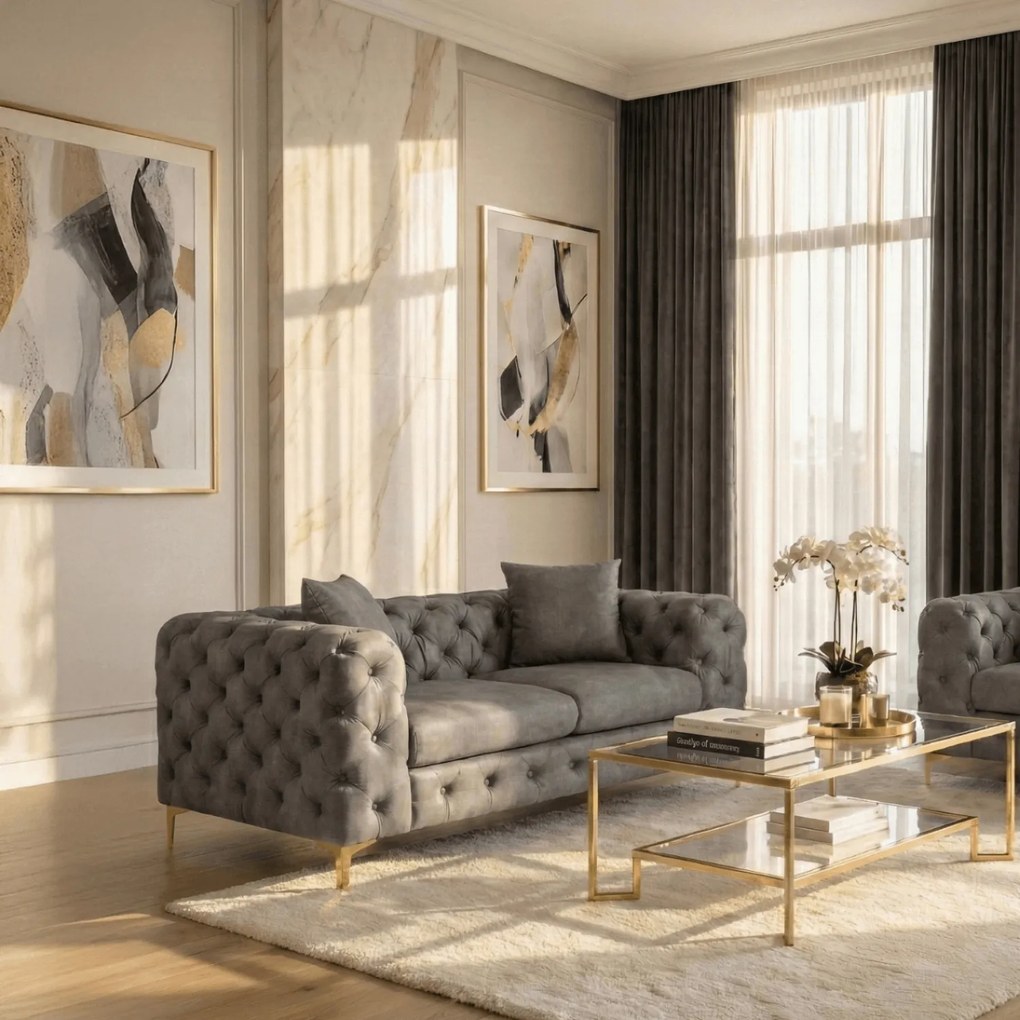 Sofa SORRENTO 2S Dwuosobowa Szara Welurowa Nowoczesna Glamour