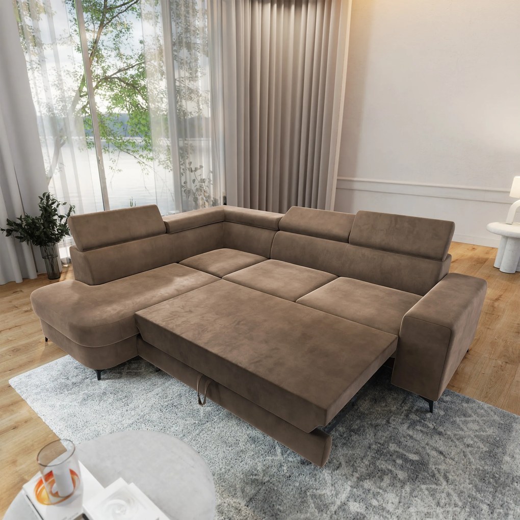 Masseno Narożnik ALVORO z funkcją spania i pojemnikiem na pościel Narozniki L, Rozkładana sofa - Beżowy, MONOLITH 09