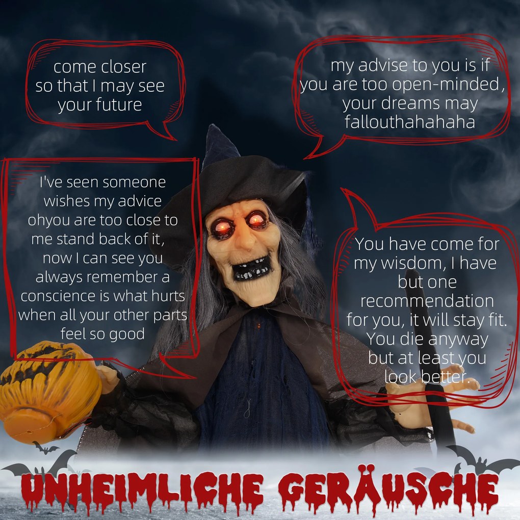 HOMCOM Dekoracja na Halloween Czarownica z miotłą, świecące oczy, straszne dźwięki, elastyczne ramiona, 107x65x190 cm