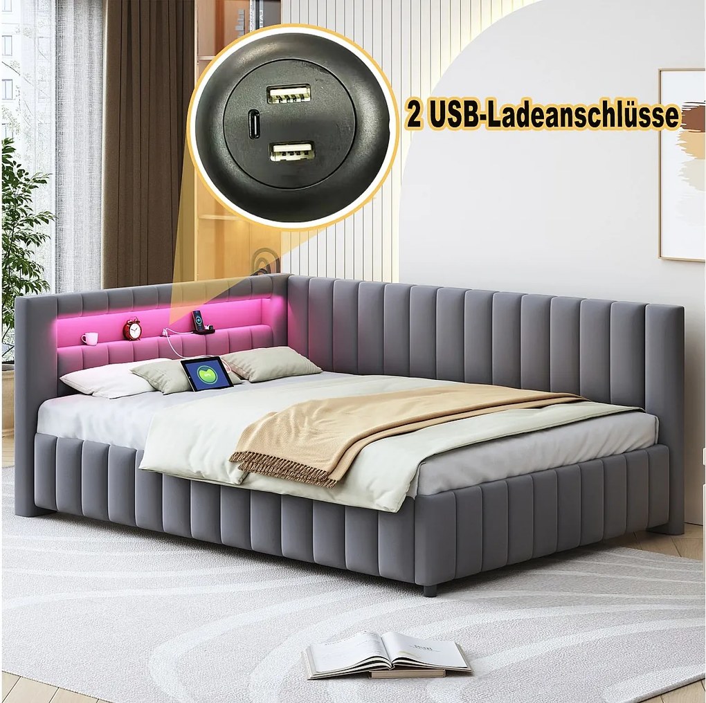Leżanka 140x200 cm - Ciemnoszary aksamit - Łóżko dla dorosłych z lampkami LED i portem ładowania USB - Bez materaca