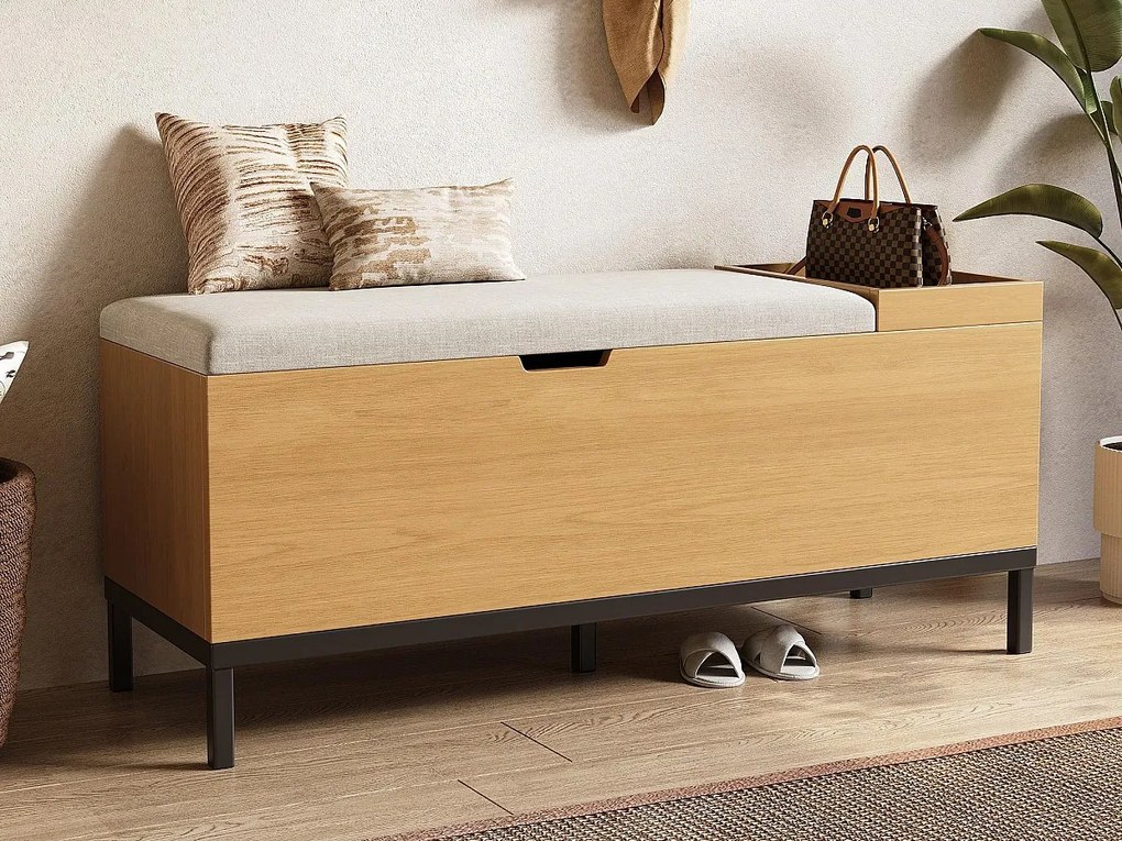 Siedzenie z przechowywaniem 115x40x49.5cm - poduszki z lnu - z półkami - MDF - Naturalny + Szary