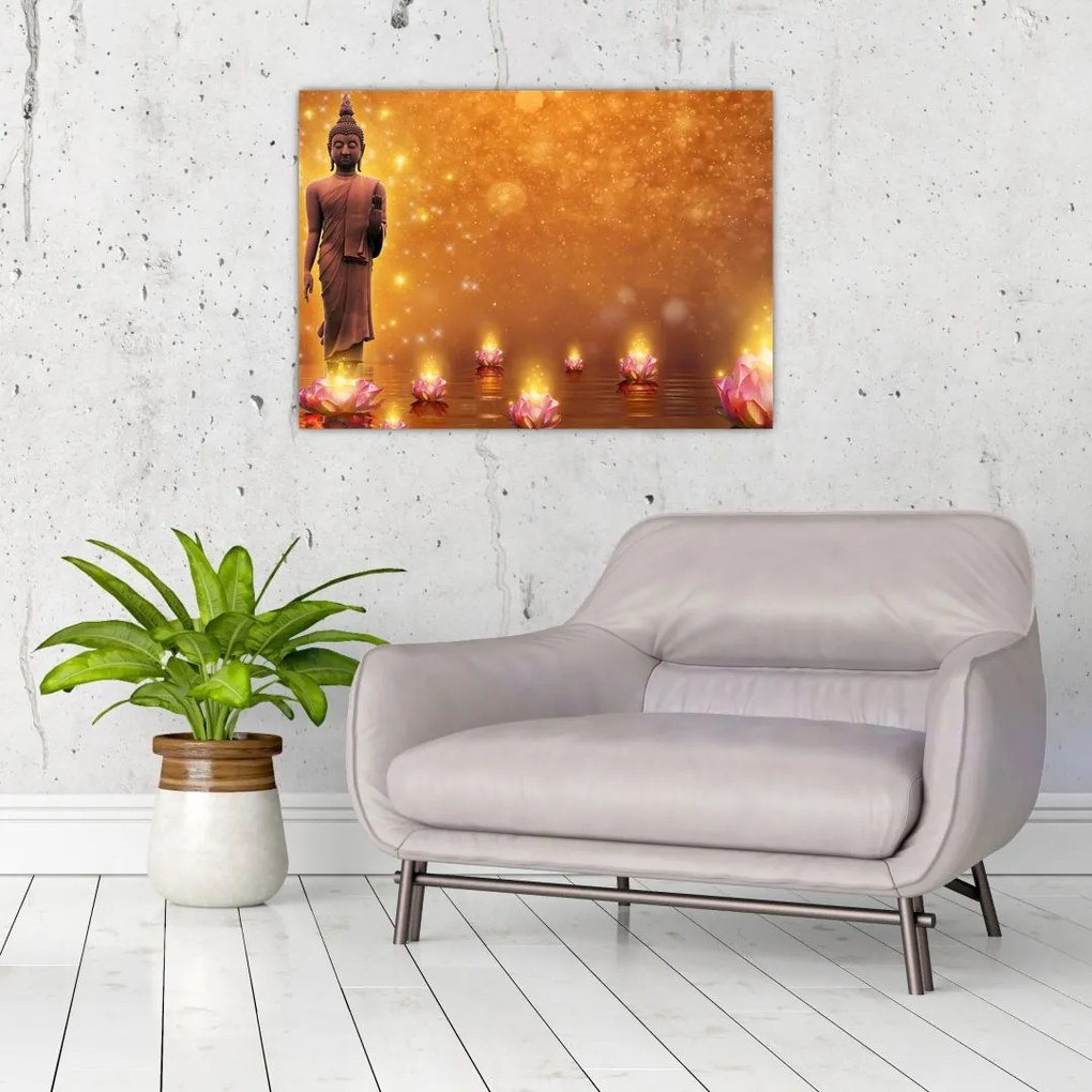 Obraz na szkle - Budda w złotym blasku (70x50 cm)