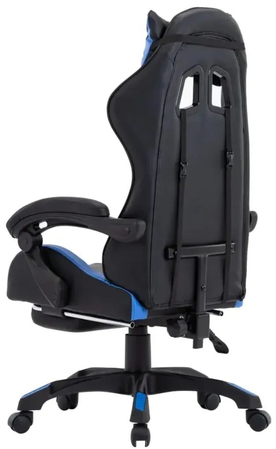 Czarno-niebieski fotel gamingowy z podnóżkiem S9-R82