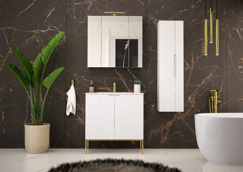 Szafka z umywalką wpuszczaną Aspen 08, biały mat/złoty, 80 cm - zestaw 3