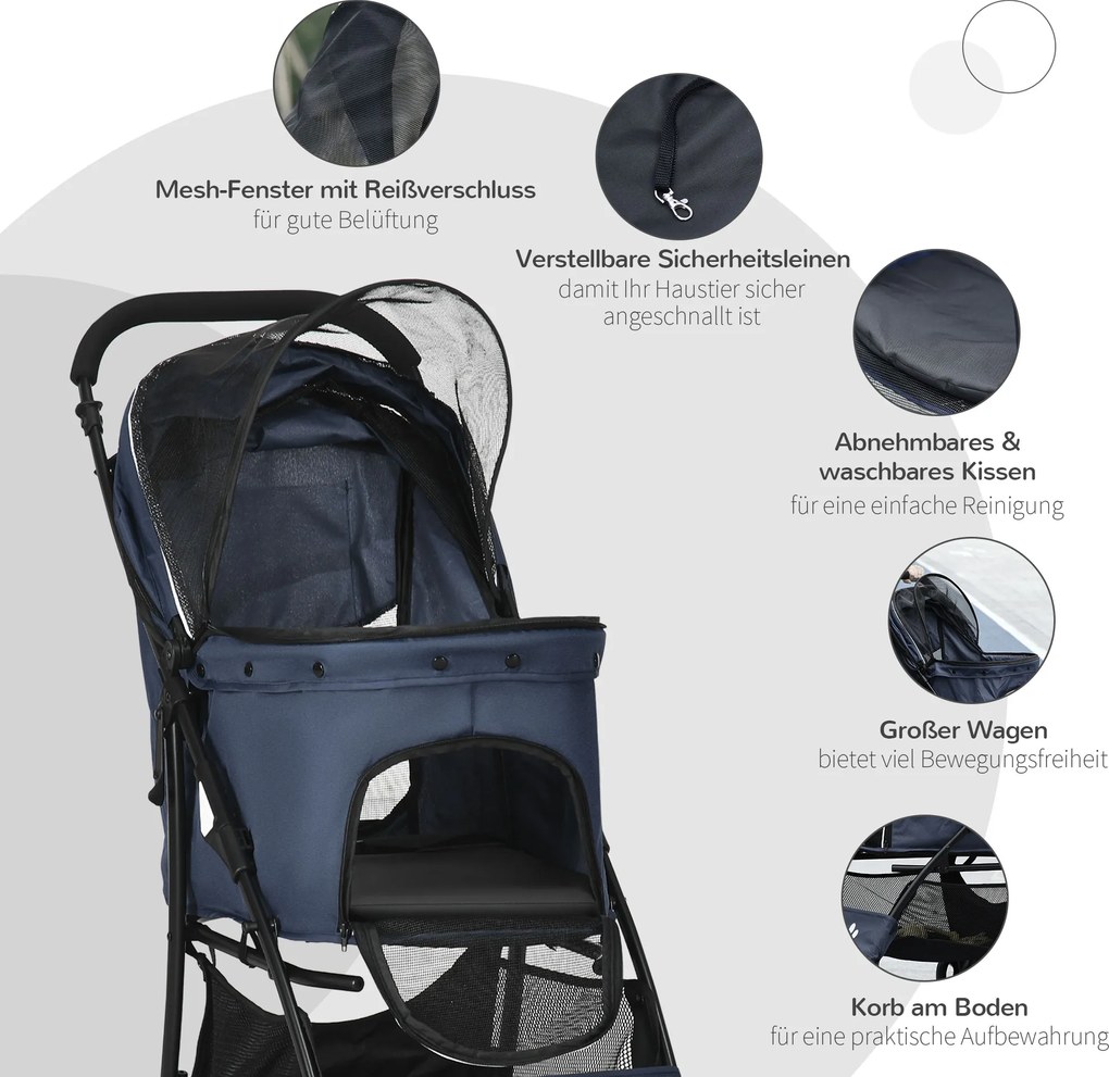 Outsunny Wózek dla Psa Składany 1 Koszyk Poduszka Kieszeń Granatowy | Aosom PL